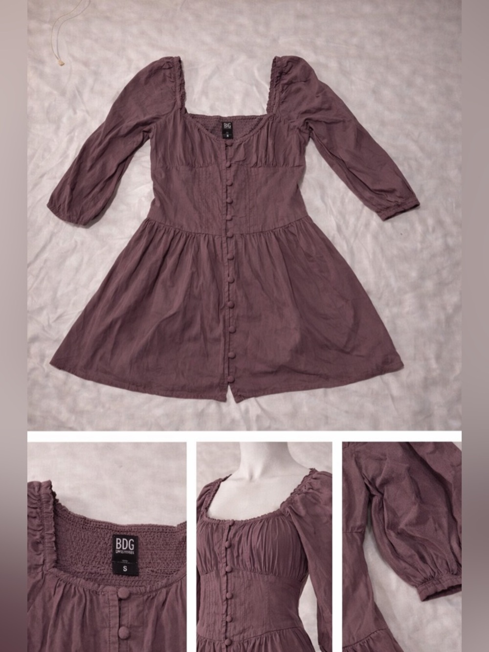 BDG Urban Outfitters Button-Down Puff Sleeve Dress - Mauve - S - Picture 1 of 9